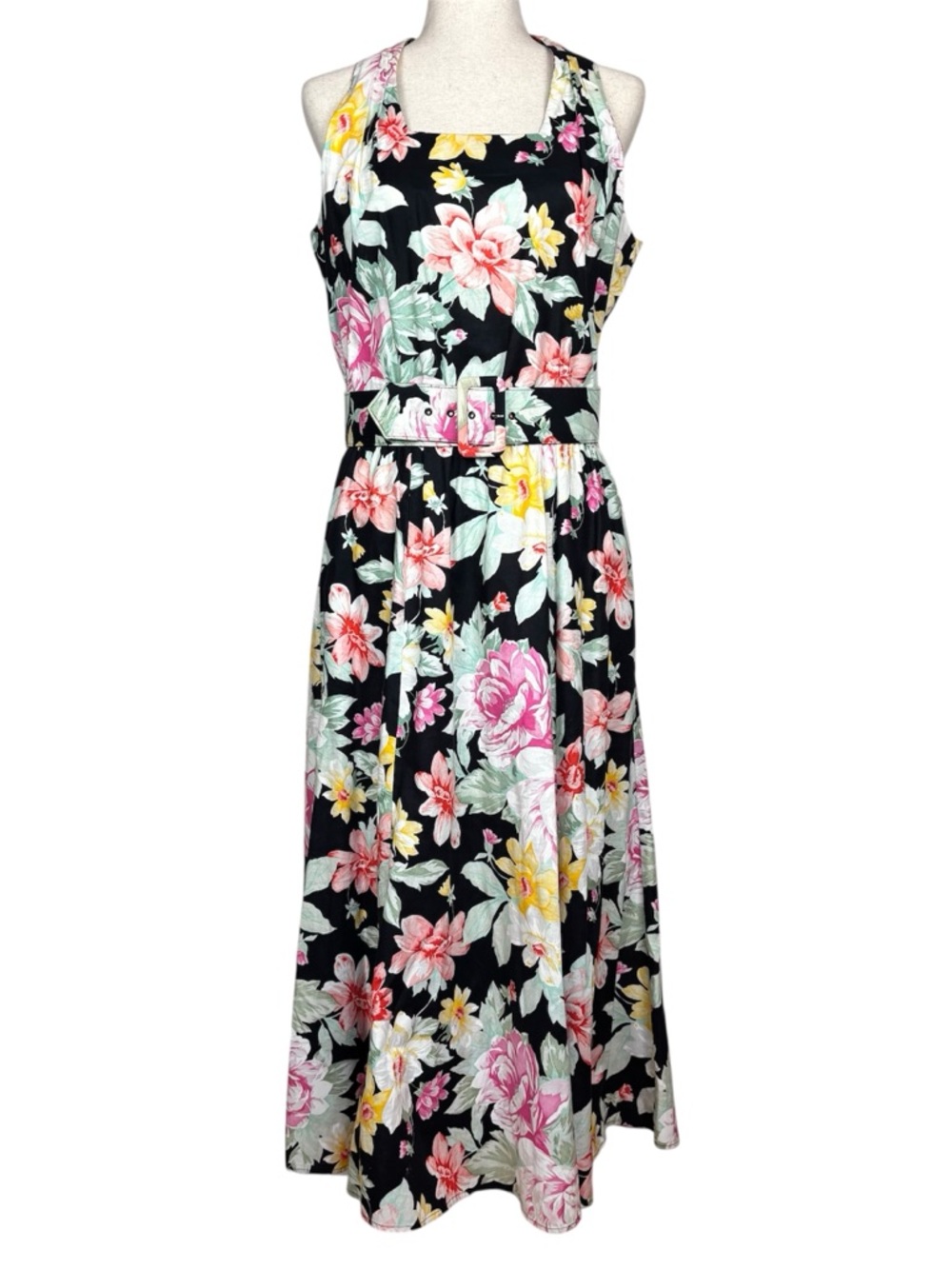 Vintage TESS Dress Floral Maxi Dress Size 14 Black Cotton Belted Cottagecore